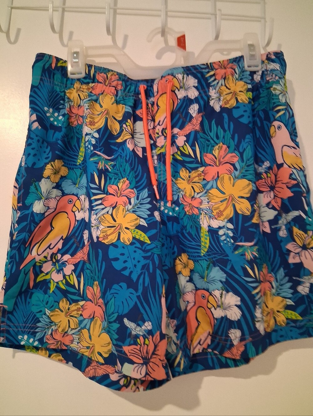Tropical Parrot Floral Swim Shorts - Blue with Yellow & Pink